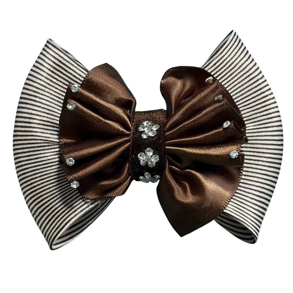 Brown Striped Satin Rhinestone Hair Bow Barrette Clip Elegant Accessory
